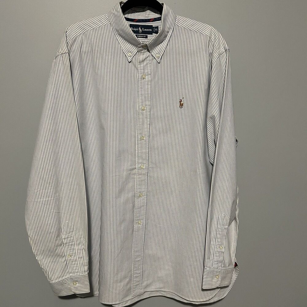 Ralph Lauren Classic Fit Mens Button Down Shirt Size XL Light Blue Striped